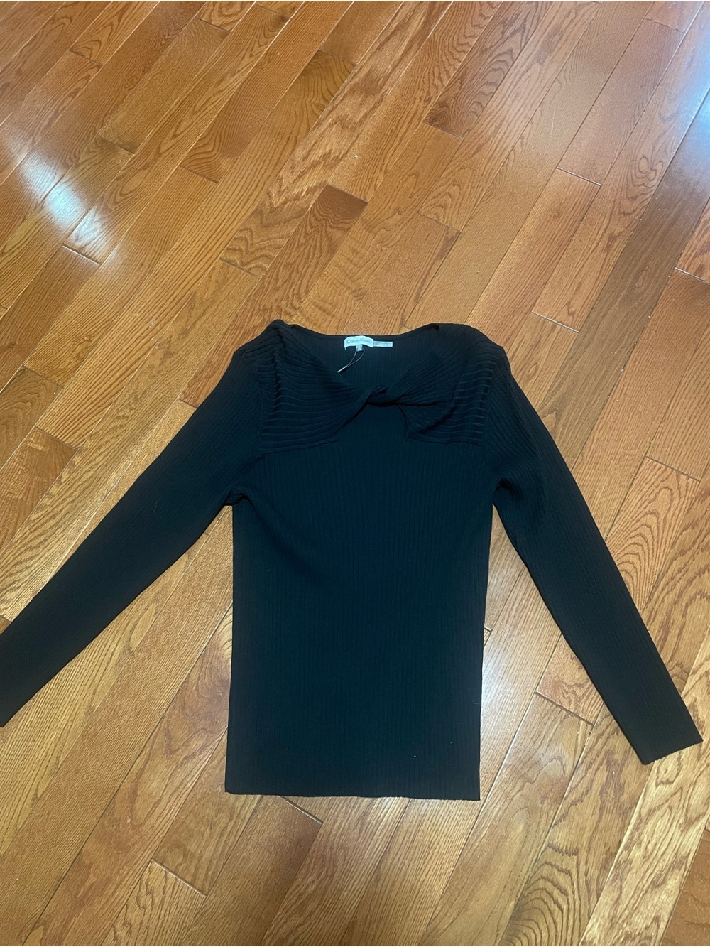 Calvin Klein Black Ribbed Long-Sleeve Top with Bow Collar